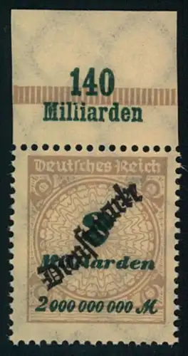 1923, 2 Mia Schlangenaufdruck postfrisch vom Oberrand.