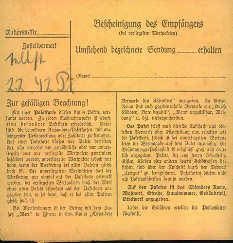 1942, Paketkartenstammteil ab REICHENBERG-ROSENTHAL