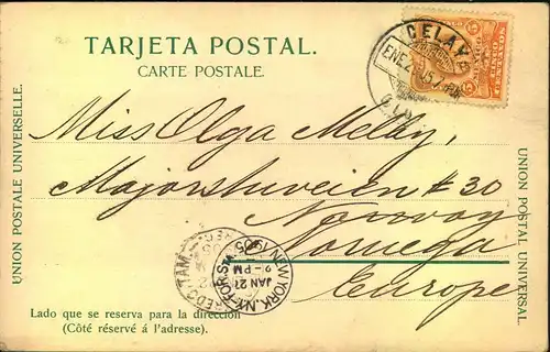 1905, ppc of Puebla, Mexico via New York to Norway.