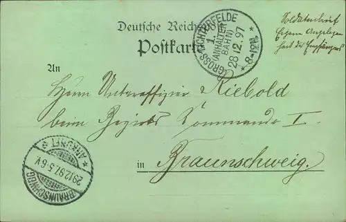 1897, GROSS-LICHTERFELDE 1 (ANHALTER BAHN) glasklar auf AK ""Gardeschützen Kaserne"".