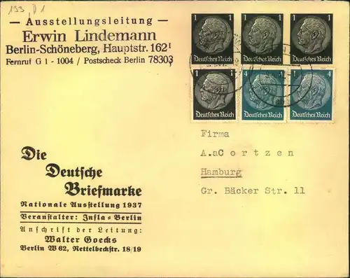 1937, Privatumschlag  zur ""Nationalen Ausstellung"" mit 3-mal 1 Pfg. Hindenburg und Zusatzfrankatur gelaufen nach Hambu