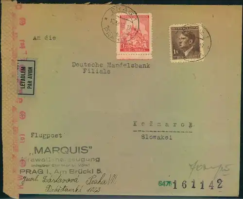 1942, portogerechter Luftpostbrief mit 2,20 Kronen Frankatur zum Europaporto in die Slowakei.