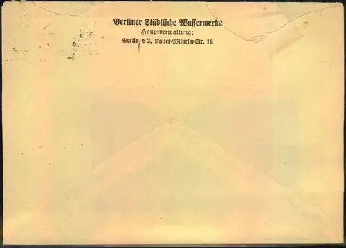 1942, Privatumschlag Berliner Städtische Wasserwerke, 8 Pfg. Hindenburg, BERLIN N 4. Mini Öffnungsmängel