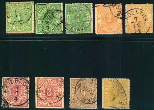 1869, 1 (3),2 (2),3 (2),9 und 14 Kreuzer Ziffer im Eirund. Leicht unterschiedlich aber sammelwürdig. Michel 460,-