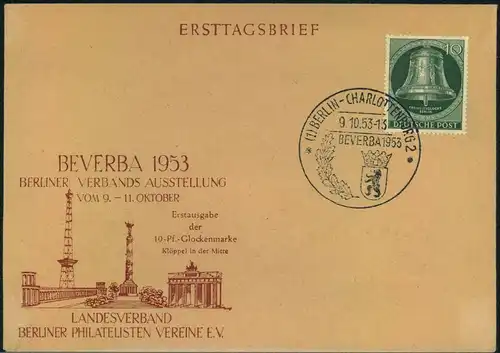 1953, 10 Pfg. Glocke Mitte auf FDC mit SST BERLIN-CHARLOTTENBURG BEVERBA 9.10.53