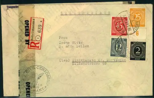 1947, 2 R-Briefe ab BERLIN-LICHTERFELDE 3 mit Kontrollratsfrankatur und 2 unterschiedlichen R-Zetteln mit und ohne PLGZ