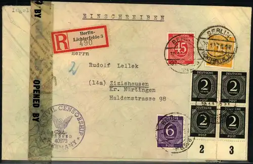 1947, 2 R-Briefe ab BERLIN-LICHTERFELDE 3 mit Kontrollratsfrankatur und 2 unterschiedlichen R-Zetteln mit und ohne PLGZ