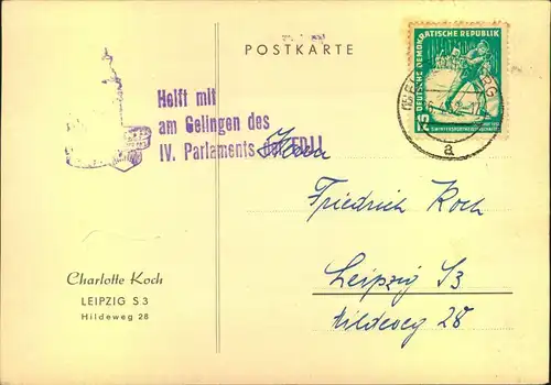 1952, Karte mit 12 Pfg. Wintersport und Propagandastempel ""Helft mit am Gelingen des IV. Parlaments der FDJI. Marke etw