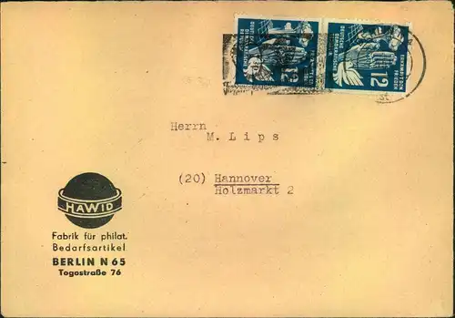 1951, 2-mal 12 Pfg. Frieden auf Brief mit Sonderstempel zu den Weltfestspielen.