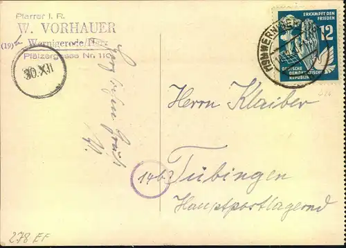 1950, 12 Pfg. Frieden auf Postkarte ab WERNIGERODE