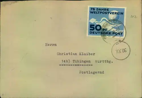 1949, 50 Pfg. U.P.U.auf leicht überfrankiertem Doppelbrief ab WERNIGERODE. Umschlag Mittelfalte.