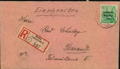 1948, Einschreiben ab BERLIN-LICHTERFELDE 3 mit 84 Pfg. AS Maschinenaufdruck nach Tharandt.