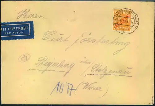 1949, portorichtiger Luftpostbrief mmit EF 25 Pfg. Rotaufdruck ab (1) BERLIN-CHARLOTTENBURG 2