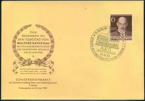 1953, 6 Pfg. Rathenau auf amtlichem Ersttagsbrief