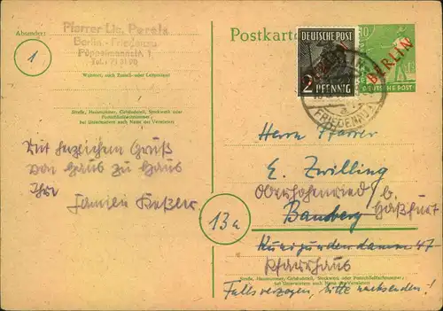 1949, 10 Pfg. Rotaufdruckkarte mit 2 Pfg. RA als Zusatzfrankatur ab BERLIN-FRIEDENAU