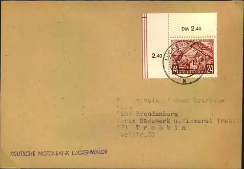 1953, 24 Pfg. Messe, Luxux-Bogenecke mit Schneidemarkierung auf Fernbrief ab LUCKENWALDE.