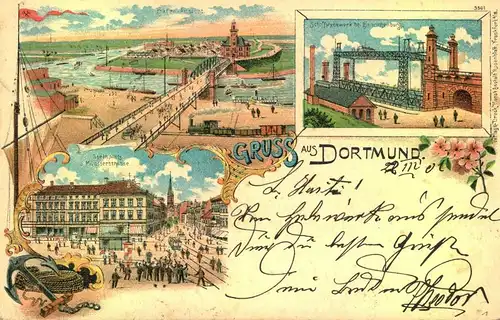 1901 DORTMUND Gruss aus..., Hafen, Schiffshebewerk b. Henrichenburg, Steinplatz,Münsterstrasse, Rosenblatt Kunstanstalt