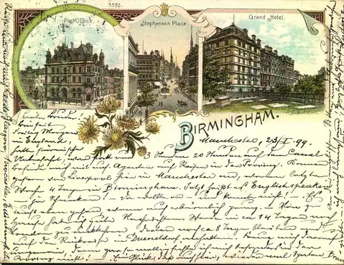1899, BIRMINGHAM, Post Office, Stephenson Place, Grand Hotel, No. 1575, mini Einriss oberer Rand