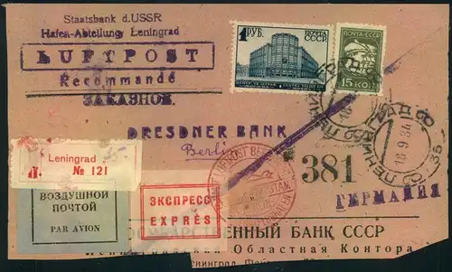 1934, large part of registered express letter via airmail bankletter from LENINGRAD to Berlin.