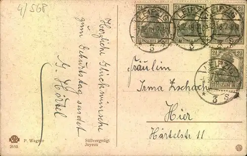 1918, Ortspostkarte mit 4-mal 2 1/2 Pfg. Germania in Leipzig.