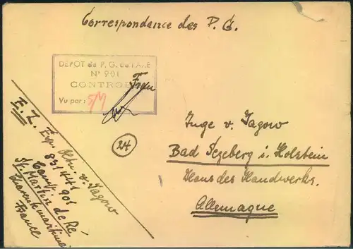 1946 ca., P.O.W. letter from ""Camp 901"" St. Martin de Re with censor to Bad Segeberg.