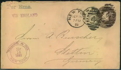 1885, 3 Cent stat. envelope shipletter ""Per Ems.!"" from New York to Stettin.