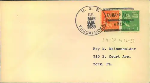 1939, ship letter from ""U.S.S. TUSCALOOSA Cuba-Haiti Area""