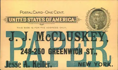 Stationery card ""J.J. Mc Cluskey, New York""