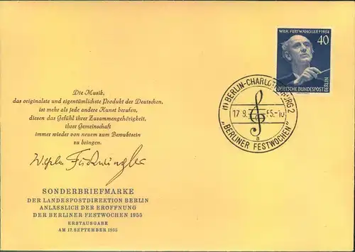 1955, Berlin Mi-Nr. 128, FÜRTWÄNGLER, amtlicher FDC, BERLIN-CHARLOTTENBURG, BERLINER FESTWOCHEN