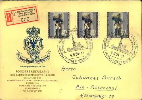 1954, Ortseinschreiben mit 3 Stück Postillion mit Sonderstempel und -R-Zettel der Ausstellung nach Berlin-Rosenthal. Ank