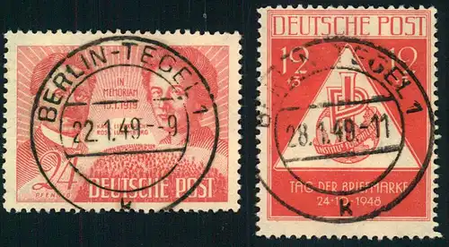 1949, Liebknecht, Luxemburg und Tag der Briefmarke mit zentrischen Stempeln von BERLIN-TEGEL