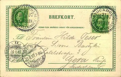 1897, Sonderkarte mit Sonderstempel zur Ausstellung in STOCKHOLM. Über Sassnitz-Trelleborg nach Gera gelaufen.