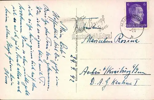 1942, Ludwigstrasse-Rheinblock, Stempel Kampf dem Kartoffelkäfer, Straßenbahn, Litfaßsäule