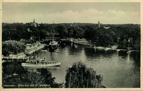 1940, BERLIN-WANNSEE, Blick auf den kleinen Wannsee, Boote, Seerestaurant, Dampfer
