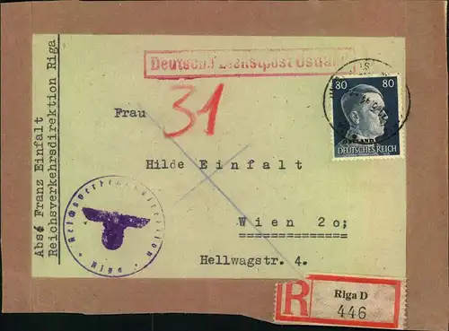 1944, Paketadresse ab RIGA mit 80 Pfg. Hitler