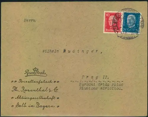 Frimenbrief von ""Rosenthal, SELB"" im seltenen 35 Pfg. Sondertarif nach Prag.