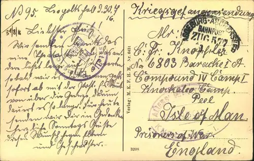 1916, Kriegsgefangenenkarte (P.O.W.) von Stassfurt mit Bahnpost und Zensur Emmerich in eine Camp auf der Isle of Man.