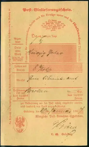 1848/1864, drei verschiedene Postscheine von GRÜNBERG (Schlesien). Dabei Ortsdruck, handschriftlich und Ra2. Alle Schein