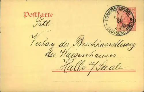 1911, Ganzsachenkarte 20 Para auf 10 Pfg. Germania ab CONSTANTINOPEL 3