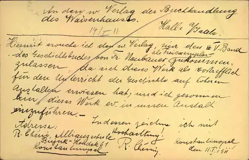 1911, Ganzsachenkarte 20 Para auf 10 Pfg. Germania ab CONSTANTINOPEL 3