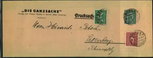 1922, Streifband ""Die Ganzsache"" mit Wertstempel 15 Pfg. Ziffer mit 5 und 30 Pfg. Ziffer als Zustzfrankatur als Drucks