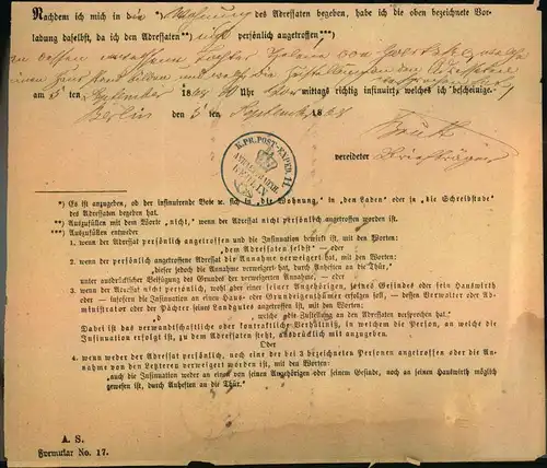 1868,Post-Behändigungsschein des Königlichen Kreisgerichtes mit Krone/Posthorn Stempel BERLIN K. Pr. POST-EXPED. 11. Ein