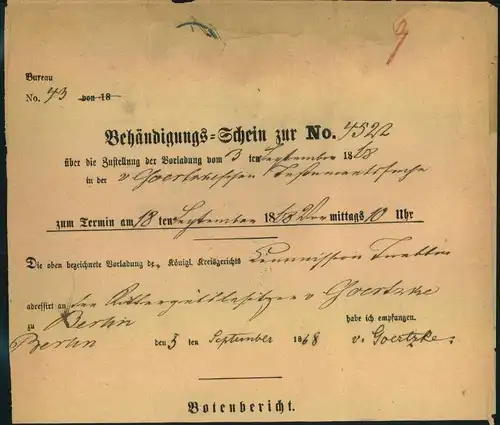 1868,Post-Behändigungsschein des Königlichen Kreisgerichtes mit Krone/Posthorn Stempel BERLIN K. Pr. POST-EXPED. 11. Ein