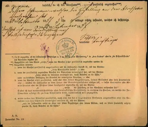 1887, Post-Behändigungsschein des Königlichen Kreisgerichtes mit Krone/Posthorn Stempel BERLIN K. Pr. POST-EXPED. 17. Ei