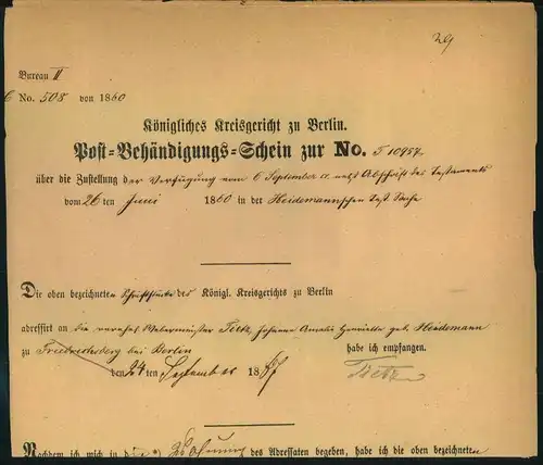 1887, Post-Behändigungsschein des Königlichen Kreisgerichtes mit Krone/Posthorn Stempel BERLIN K. Pr. POST-EXPED. 17. Ei