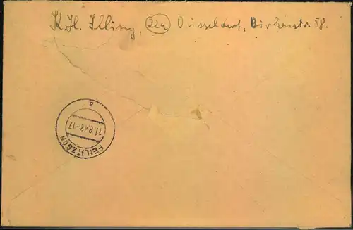 1948, Einschreiben mit Not-R-Zettel ""(20) Düsseldorf 17"" mit 84 Pfg. Bandaufdruck. Rs. Öffnungsmängel.