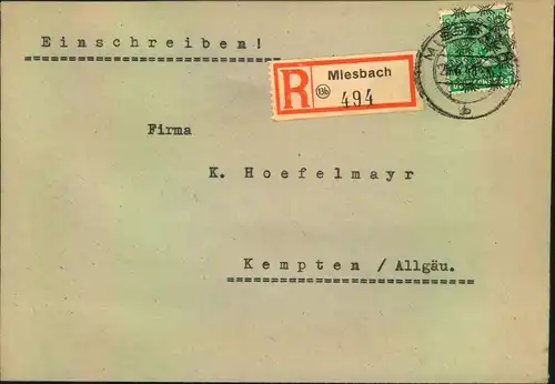 1948, Einschreiben mit 84 Pfg. Netzaufdruck ab MIESBACH 24.6.48