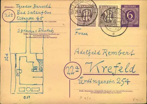 1946, 2-mal 3 Pfg. Dt. Druck als Zusatzfrankatur auf 6 Pfg. Ziffer GSK