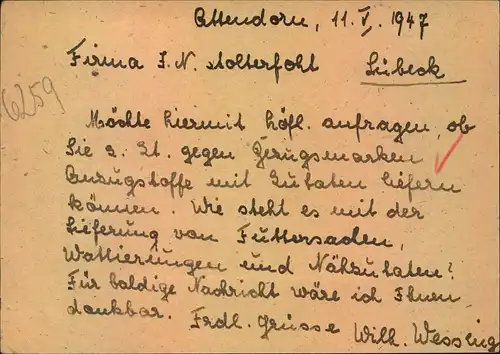 1947, 6 Pfg. Ganzsachenkarte ca. 5 mm verschnitten überklebt. Bedarf ab ATTENDORN.