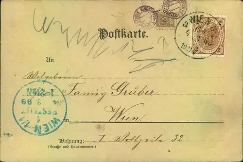 1899, Ortspostkarte WIEN mit zusätzlicher 3 Pfg. Kinderpostmarke und Stempel.